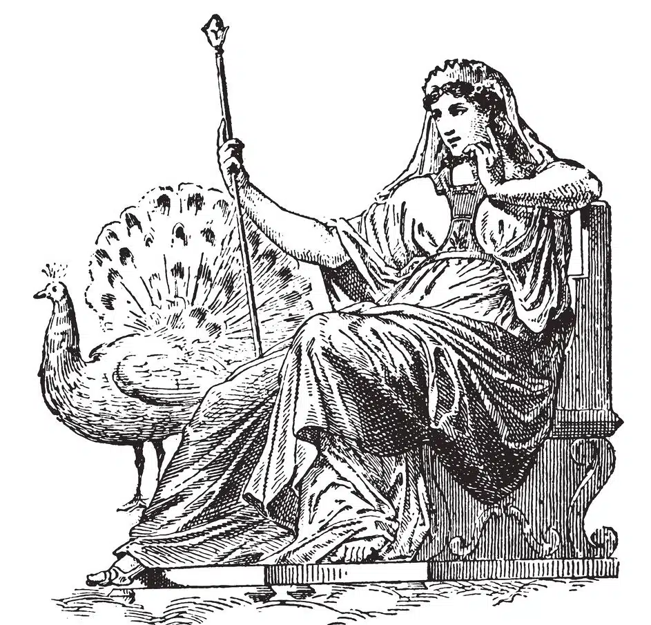 Hera, auf dem Thron sitzend mit ihrem heiligen Tier. 