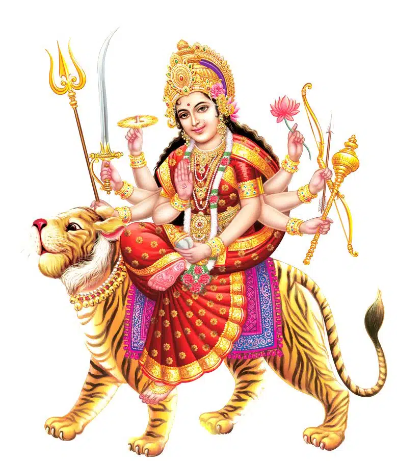 Die Mahadevi Durga mit acht Armen auf ihrem Reittier, hier ein Tiger.