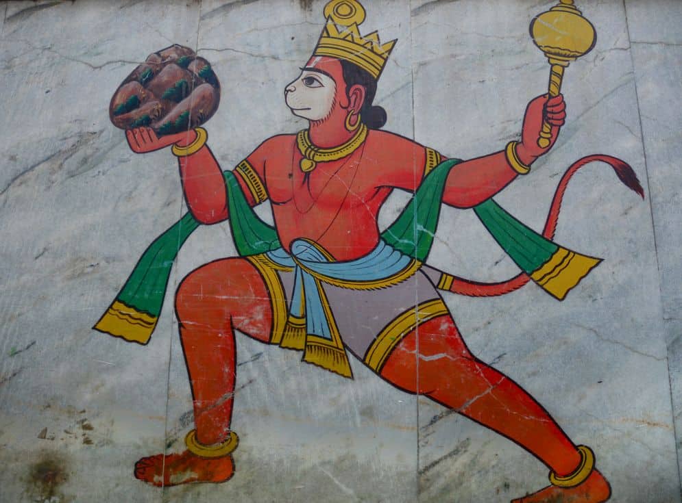 Hanuman in Eile, um seinem Herrn Rama zu helfen, Grafiti in Varanasi, der heiligen Stadt am Ganges.