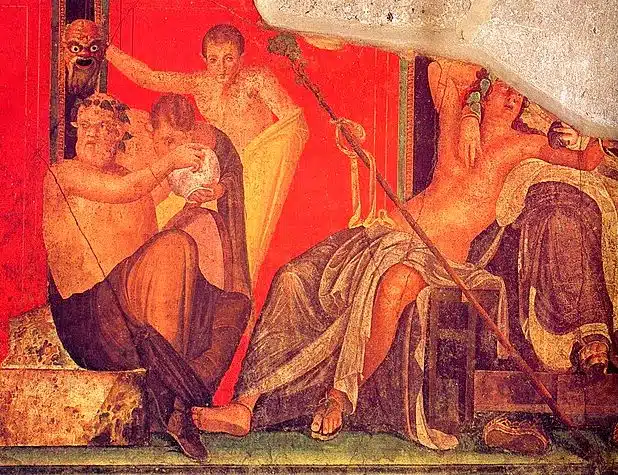 Dionysische Kulte: Dionysos mit Thyrsos, Szene aus den Dionysosmysterien, Fresko in der Villa der Mysterien, Pompeji