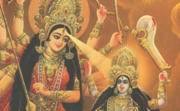 Die Göttin Durga manifestiert ihren zornigen Aspekt Kali, ebenfalls eine Göttin.