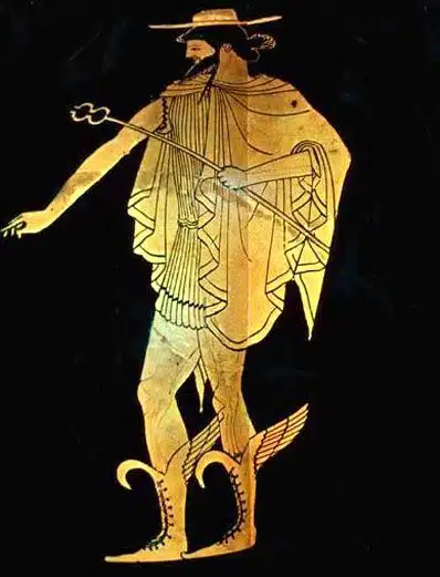 Der Gott Hermes ist nicht nur Götterbote, sondern auch Psychopompos, er führt die Toten bis zum Eingang der Unterwelt. 